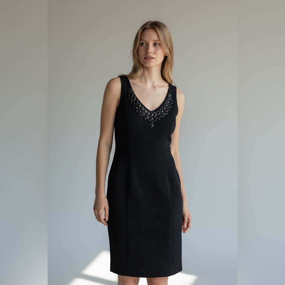 Milly Black Beaded V-Neck Midi Dress